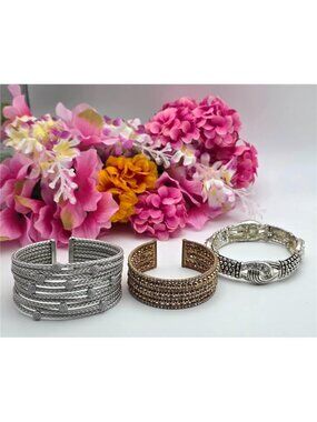 3 Pc Bracelet Lot Cuff & Stretch Gold Silver Tone Crystal Accent Sizable